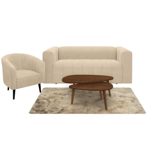 Combo Sofá Ariel + Poltrona Montecarlo + Mesa de Centro Anidada Julie + Tapete Fluffy Mediano