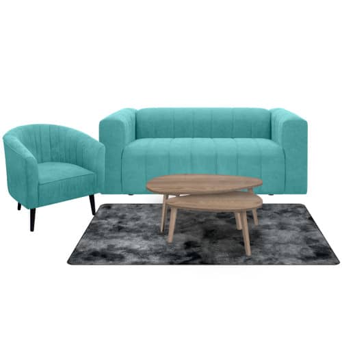 Combo Sofá Ariel + Poltrona Montecarlo + Mesa de Centro Anidada Julie + Tapete Fluffy Mediano