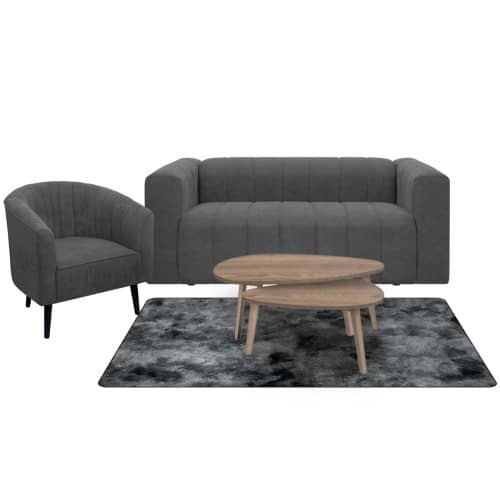 Combo Sofá Ariel + Poltrona Montecarlo + Mesa de Centro Anidada Julie + Tapete Fluffy Mediano