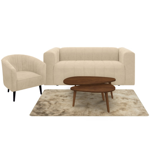 Combo Sofá Ariel + Poltrona Montecarlo + Mesa de Centro Anidada Julie + Tapete Fluffy Mediano